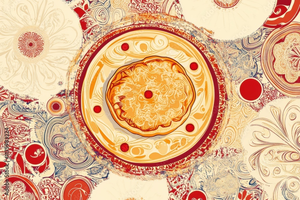 Poster Hand drawn doodle of an intricate plate design with colorful patterns and shapes on a textured background. Generative AI