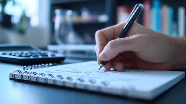 A detailed close-up of a hand solving problems in a spiral notebook, with a calculator and scientific journal articles blurred in the background, capturing the essence of focused s - Powered by Adobe