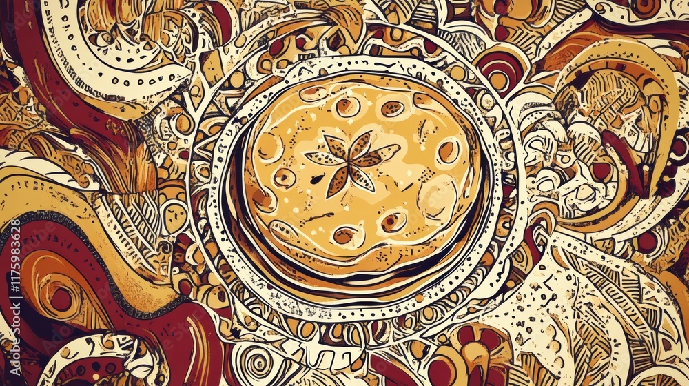 Poster Doodle featuring intricate designs surrounding a central star pattern in warm colors with unique textures and shapes. Generative AI