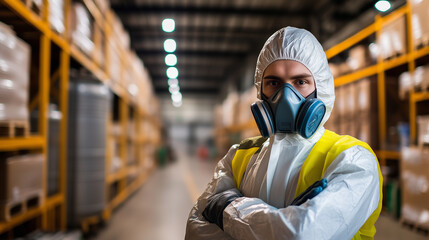 A close-up portrait of a pest control worker in a hazmat suit and respirator, with industrial warehouse equipment and insecticide spray tank blurred in the background.