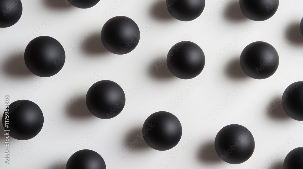 Poster abstract composition of matte black spheres arranged on a soft white surface, creating a minimalisti