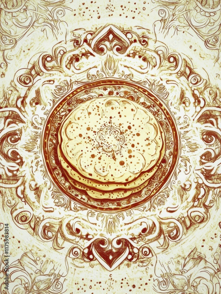 Fototapete elegant hand drawn doodle featuring intricate designs and circular patterns with pancakes at its cen