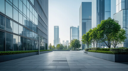 Fototapeta premium A modern office complex with sleek glass and concrete facades, reflecting a clean and professional design set against the vibrant city landscape