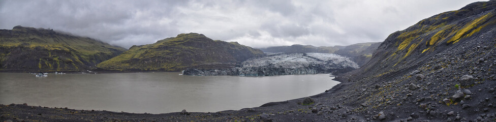 Solheimajokull outlet glacier Summer 2024, South of the icecap Myrdalsjokull Katla Geopark, South Coast of Iceland. Scandinavia, Europe.