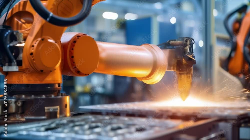 Aufkleber automated robotic arm using laser beam for cutting metal parts in a modern factory, showcasing advan