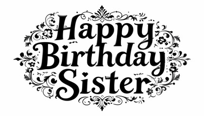 Obraz premium Happy Birthday Sister Black and white HD image for wishing with floral ornaments, calligraphy style, for the birthday celebration logo. isolated on a white background.