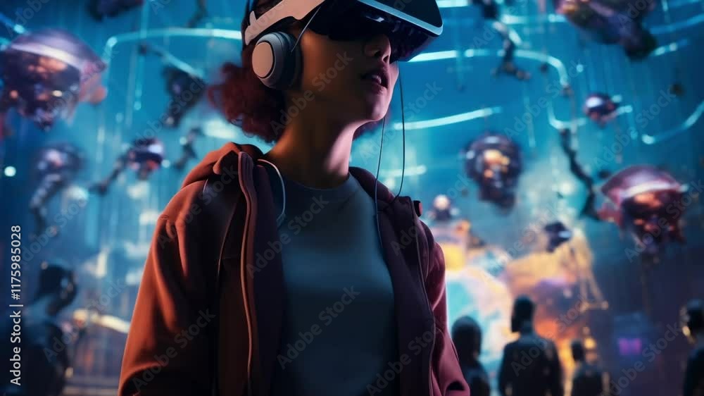 Poster woman wearing vr headset and headphones is immersed in futuristic metaverse environment, surrounded 