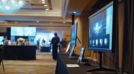 Modern conference room with multiple monitors displaying visuals, showcasing event setup and technological innovations in a professional environment