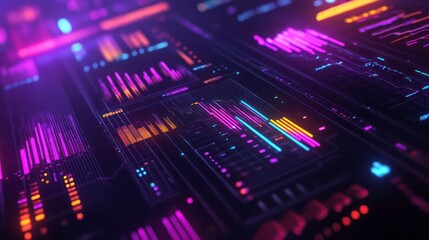 Abstract digital data visualization with colorful graphs and charts on a modern screen, showcasing analytics and statistics.