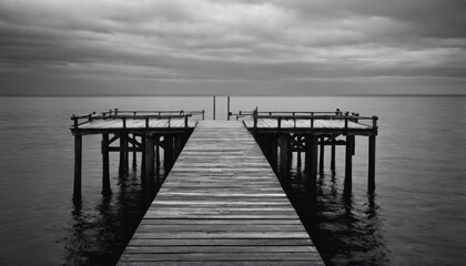 Obraz premium Wooden pier stretches over calm waters under a cloudy sky at dusk providing a tranquil scene for reflection