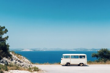 Classic white van parked on a scenic coastal road overlooking a tranquil blue sea, offering a sense of freedom and adventure on a summer road trip