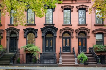Obraz premium Autumnal Row Houses, Urban Street, Fall Foliage, Residential Architecture, Real Estate.