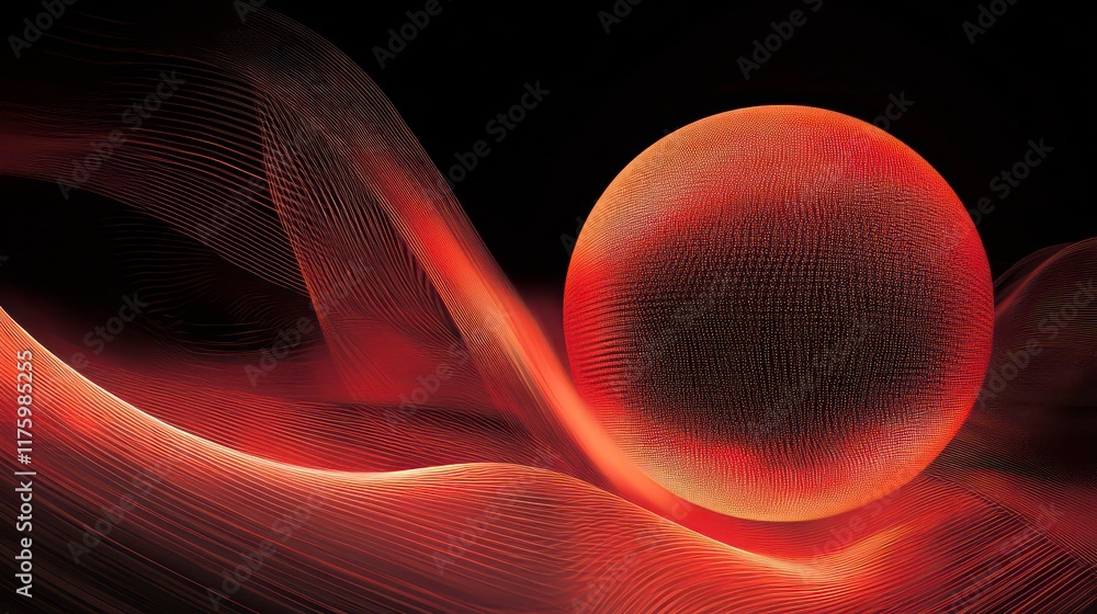 Poster abstract digital visualization of data with a red globe and waveform patterns.