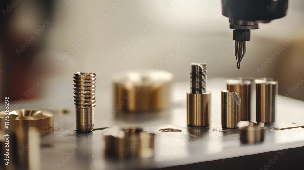 Aufkleber close-up view of precision metal machining process with various brass components on a workbench unde