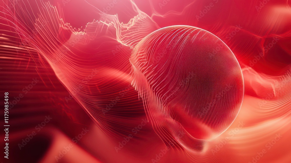 Poster abstract digital visualization of data with a red globe and waveform patterns.