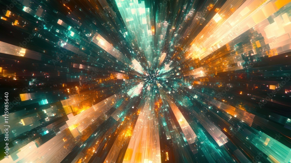 Poster vibrant abstract burst of colorful light rays emanating from a central point, creating a dynamic sen