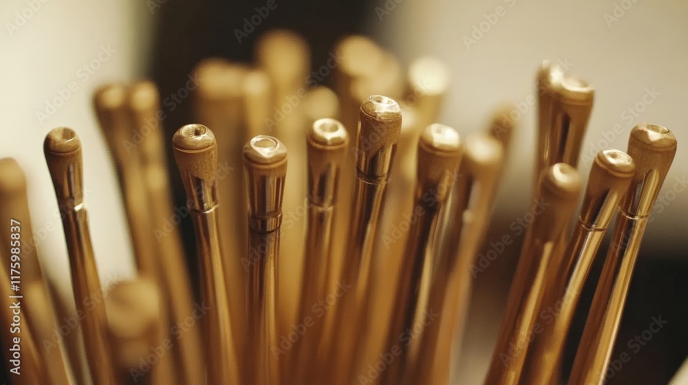 Poster a close-up view of a collection of wooden brushes stacked together, showcasing their unique design a
