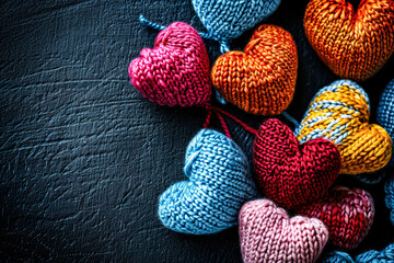 Bunch of knitted hearts in various colors are arranged on a black background