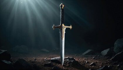 Naklejka premium Ancient sword stands upright on rocky ground illuminated by soft light in a mysterious dark setting