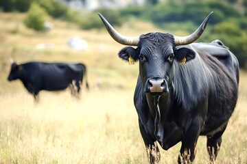Powerful black bull with identification tags in its ears standing in a dry, grassy field, while another cow grazes peacefully in the background, creating a serene pastoral scene
