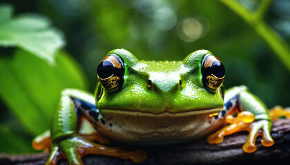 Fototapeta premium Green frog perched on a branch surrounded by lush greenery in a tropical environment during daylight hours