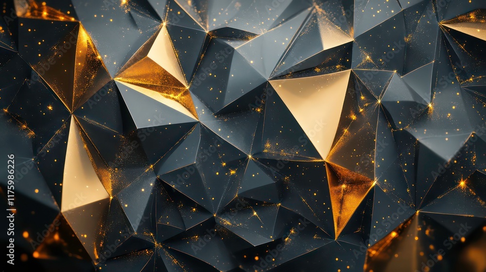 Poster abstract geometric pattern featuring golden triangles and sparkling particles, creating a mesmerizin