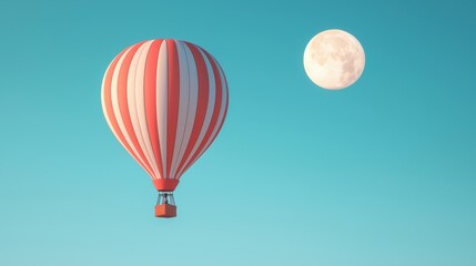 Fototapeta premium A colorful hot air balloon floats serenely against a clear blue sky, accompanied by a bright full moon.