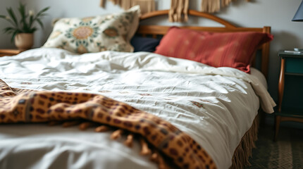 A neatly made bed with a white duvet cover, featuring a rust-colored pillow and a patterned throw blanket. The bed has a wooden frame and is styled with additional pillows displaying floral patterns.