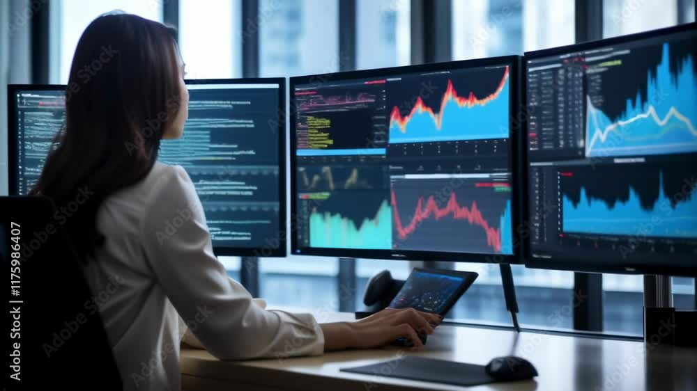 Poster Businesswoman sitting at desk analyzing data displayed on multiple computer screens showing charts and graphs, working in a modern office with large windows and city view