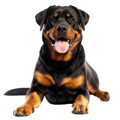Fototapeta premium Playful Rottweiler dog lounging on a clean transparent background, showcasing its friendly demeanor and striking appearance, Rottweiler dog isolated on transparent background