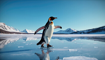 Obraz premium Penguin gliding across icy surface in beautiful mountain landscape during daytime