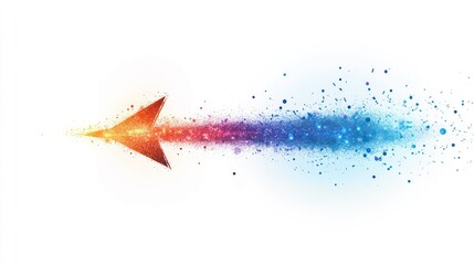 Abstract glowing arrow with colorful particle trail on white background