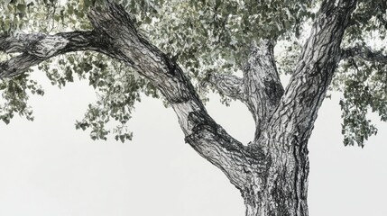 Fototapeta premium A majestic tree with thick, textured bark and lush green leaves against a bright, blurred background.
