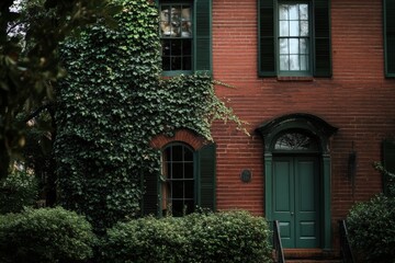 A charming historic brick house, enveloped in vibrant greenery, graces a picturesque neighborhood bathed in the soft glow of early morning light