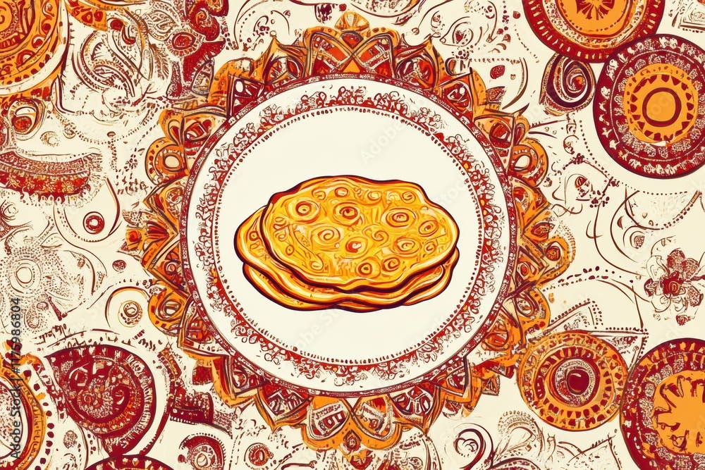 Aufkleber Hand drawn doodle featuring a colorful plate of pancakes surrounded by intricate patterns and swirls. Generative AI