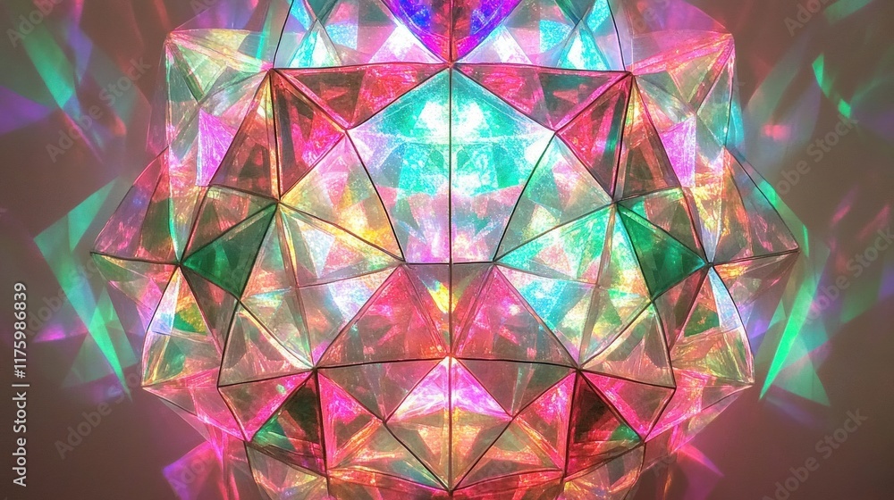 Poster colorful geometric light display with multi-faceted patterns creating a dazzling optical illusion in