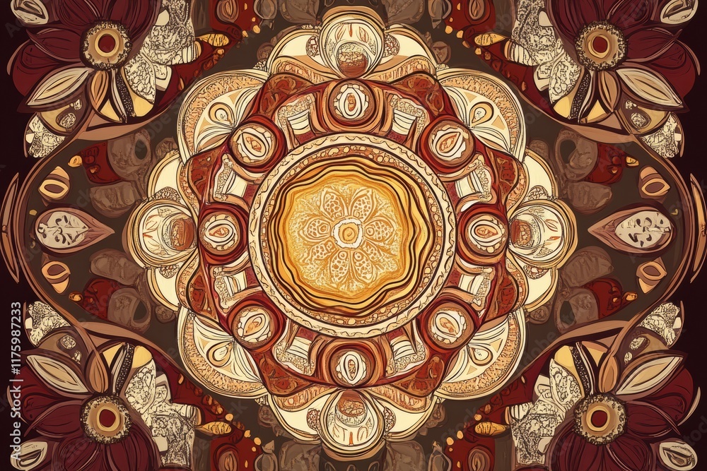 Poster vibrant hand drawn mandala featuring intricate floral patterns and warm colors in a symmetrical desi