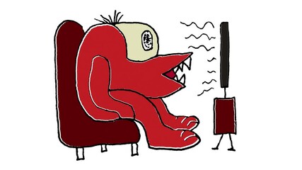 Monster watching tv on sofa funny series addiction concept sketchy drawing illustration 2d animated looped video
