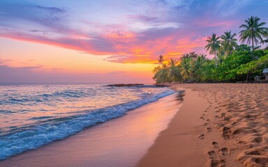 Goa Beach at Sunset, Vibrant sunset over tropical beach with palm trees and footprints in the sand.