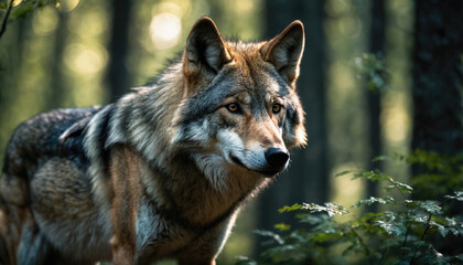 Obraz premium Wolf observing its surroundings in a lush forest during early morning light