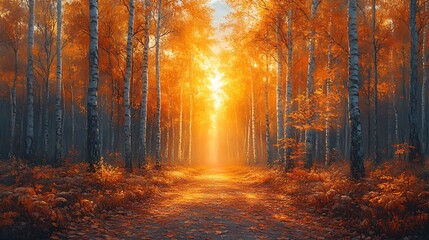 Obraz premium Golden Autumn Path Through Birch Tree Forest