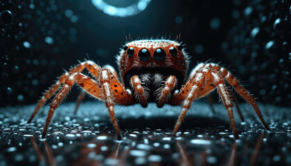 Fototapeta premium Jumping spider with striking orange color in a dark environment surrounded by droplets
