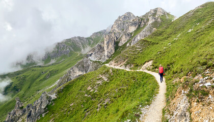 Hiking near Starkenburger hut at Stubai High Trail (Stubaier Höhenweg), one of the most beautiful high-altitude hikes in the austrian Alps, near stubai glacier and Innsbruck in summer, Tirol Austria