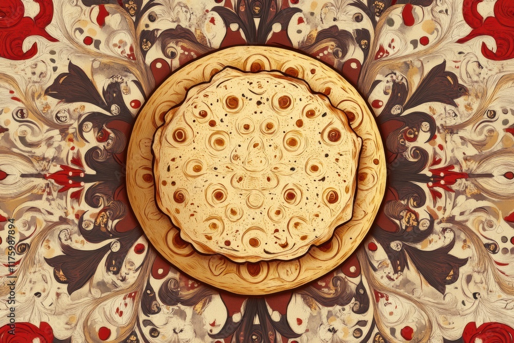 Aufkleber hand drawn doodle of a circular pastry with intricate designs on a decorative plate. generative ai