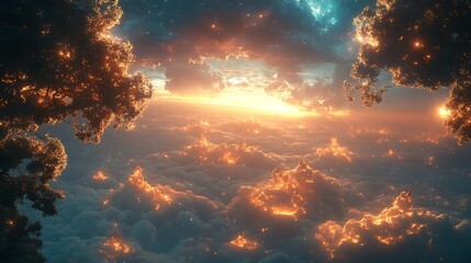 Fototapeta premium Glowing Cloudscape Above Illuminated Trees at Sunset
