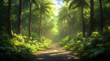 Sunlit Path Through Lush Tropical Palm Forest