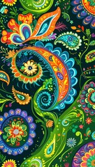 Paisley swirls with bright vibrant colors and flowing lines in green illustration background