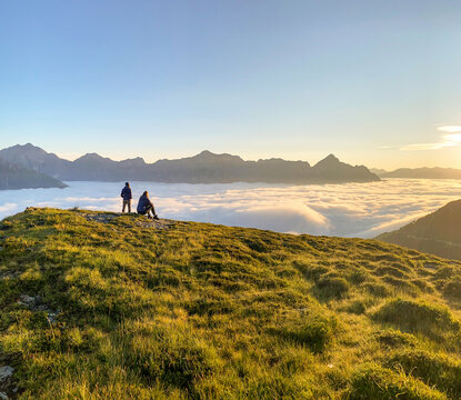 Hiking near Starkenburger hut at Stubai High Trail (Stubaier H&ouml;henweg), one of the most beautiful high-altitude hikes in the austrian Alps, near stubai glacier and Innsbruck in summer, Tirol Austria