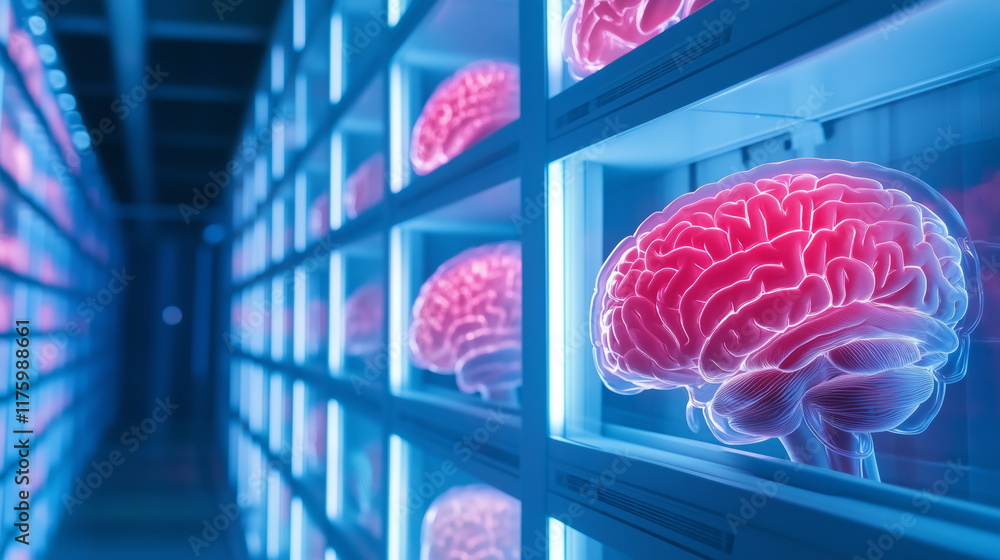 Poster futuristic display of synthetic brains in a lab setting