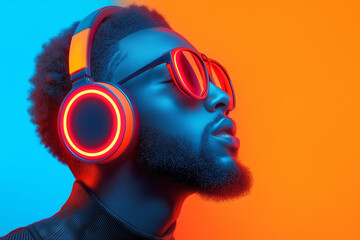 Man enjoying music with headphones against colorful background